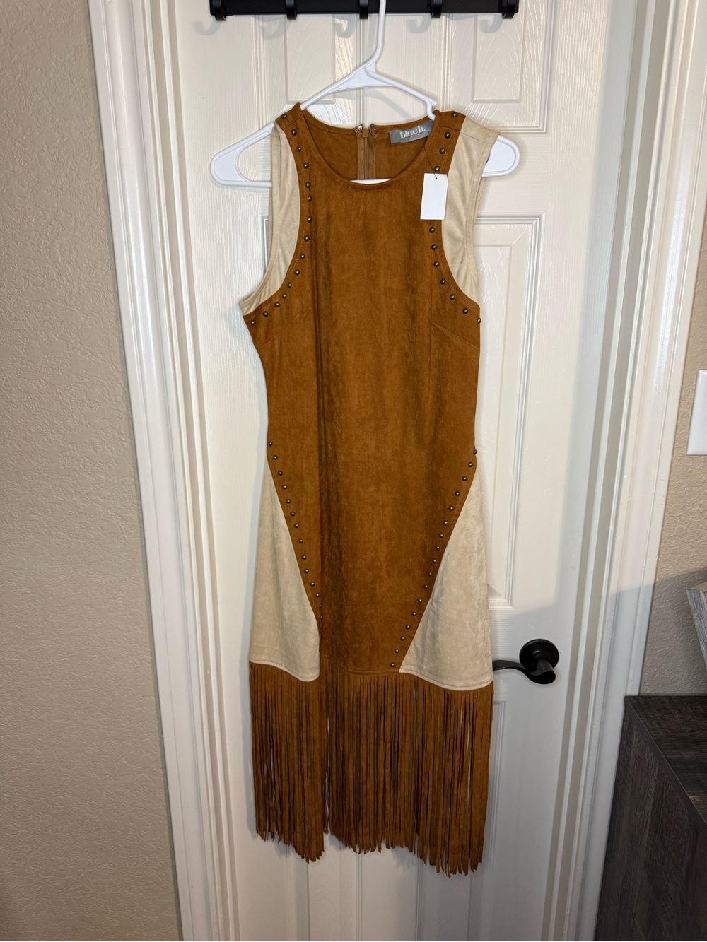 Lulu's Two-Tone Brown and Cream Fringe Suede Mini Dress